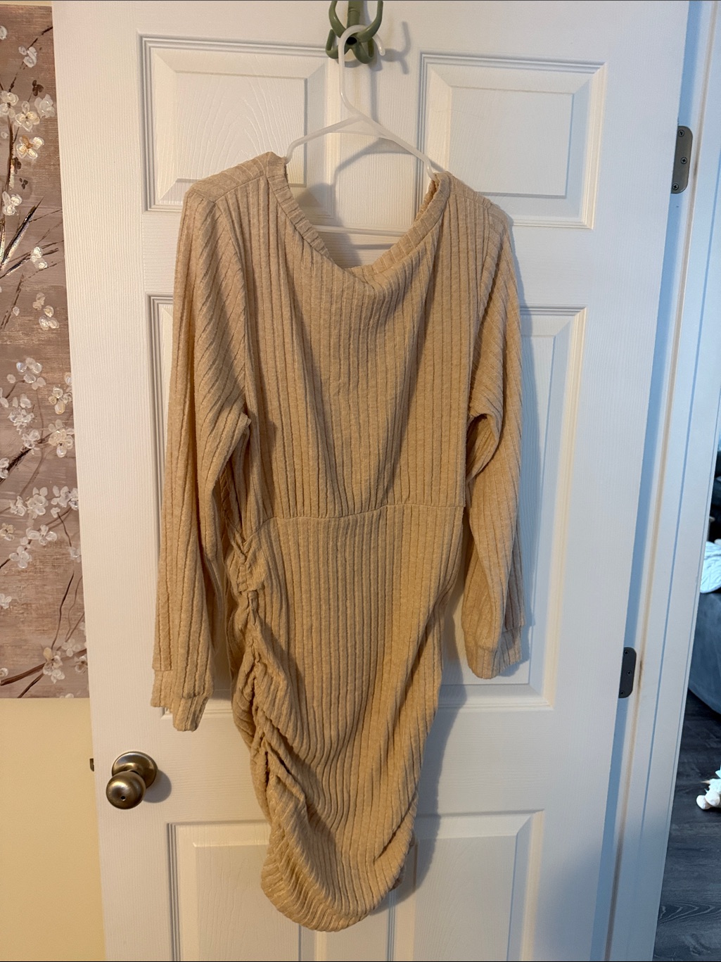 Beige Ribbed Long-Sleeve Ruched Dress - Women